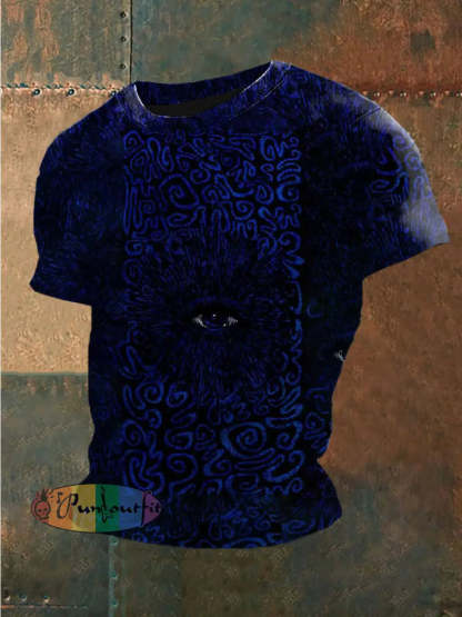 Unisex Vintage Punk Gothic Symbol Eyes Abstract Print Casual Cotton Short Sleeve T-Shirt Navy Blue / S