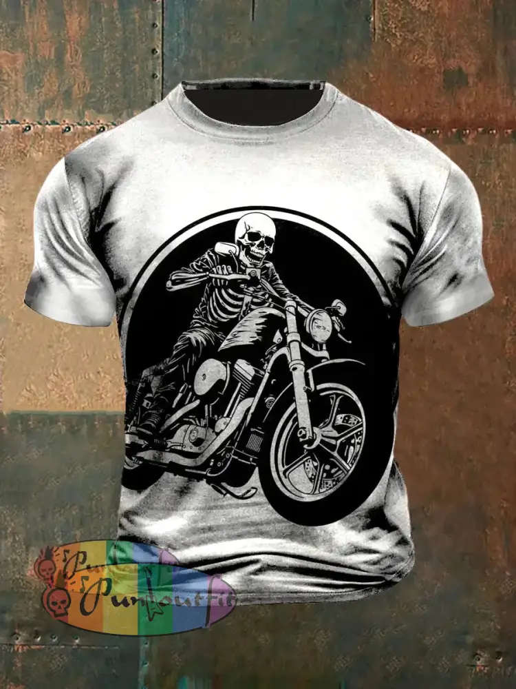 Unisex Vintage Punk Skull Motorcycle Abstract Print Casual Cotton Short Sleeve T-Shirt White / S