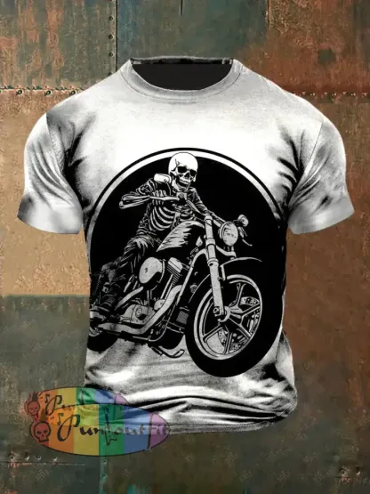 Unisex Vintage Punk Skull Motorcycle Abstract Print Casual Cotton Short Sleeve T-Shirt White / S