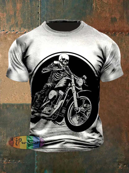 Unisex Vintage Punk Skull Motorcycle Abstract Print Casual Cotton Short Sleeve T-Shirt White / S