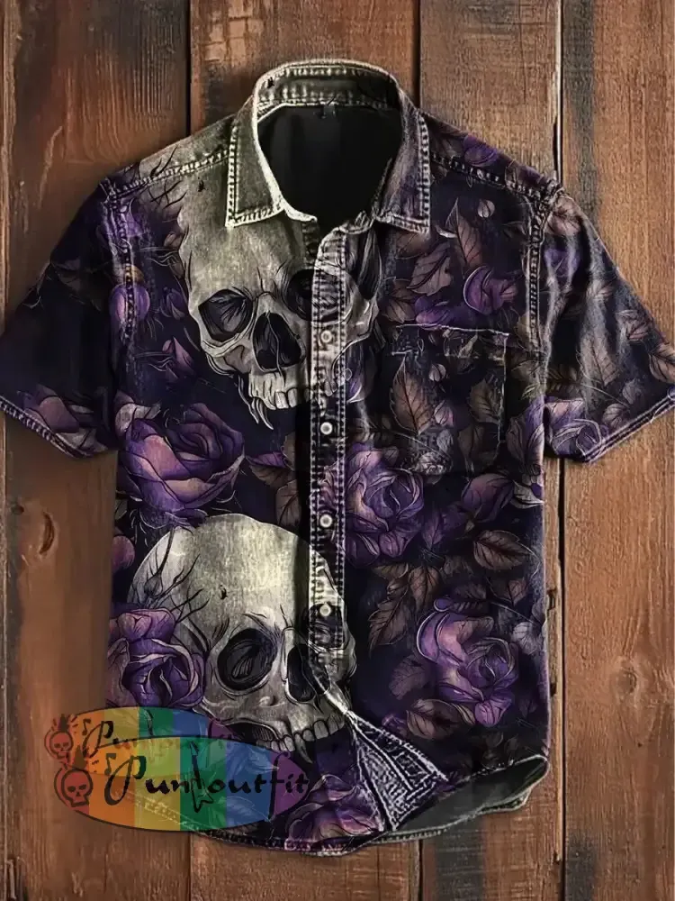 Unisex Vintage Punk Skull Rose Art Abstract Print Casual Upgraded Cotton Short Sleeve Pocket Shirt Purple / S