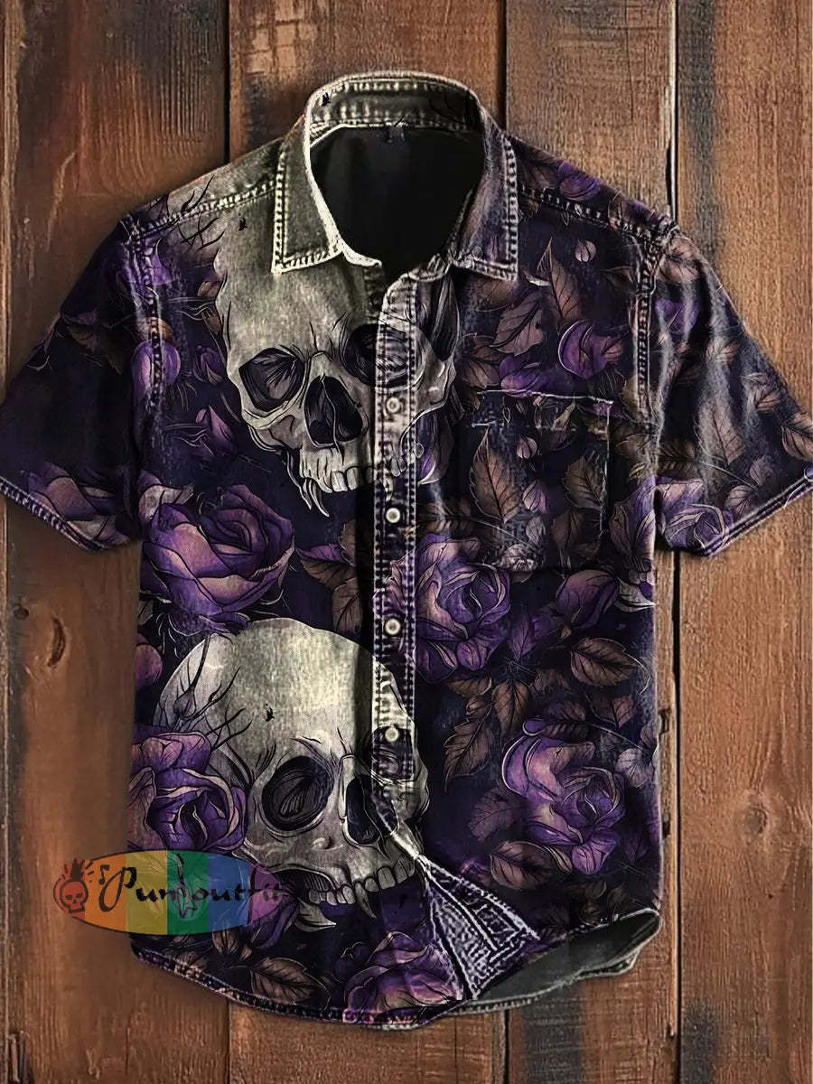 Unisex Vintage Punk Skull Rose Art Abstract Print Casual Upgraded Cotton Short Sleeve Pocket Shirt Purple / S