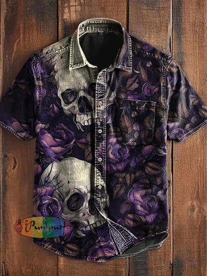 Unisex Vintage Punk Skull Rose Art Abstract Print Casual Upgraded Cotton Short Sleeve Pocket Shirt Purple / S