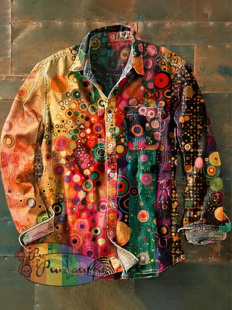Unisex Vintage Rainbow Color Dot Art Print Cotton Lapel Pocket Long Sleeve Shirt Colorful / S