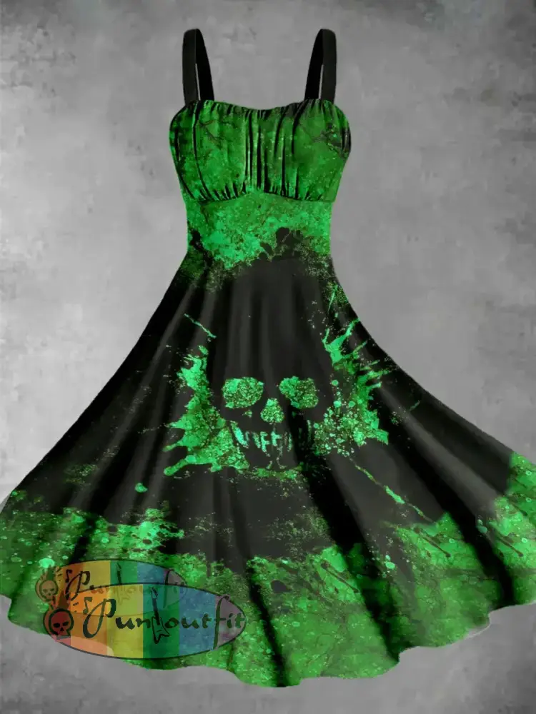 Vintage Abstract Skull Art Print Sleeveless Midi Dress Green / S