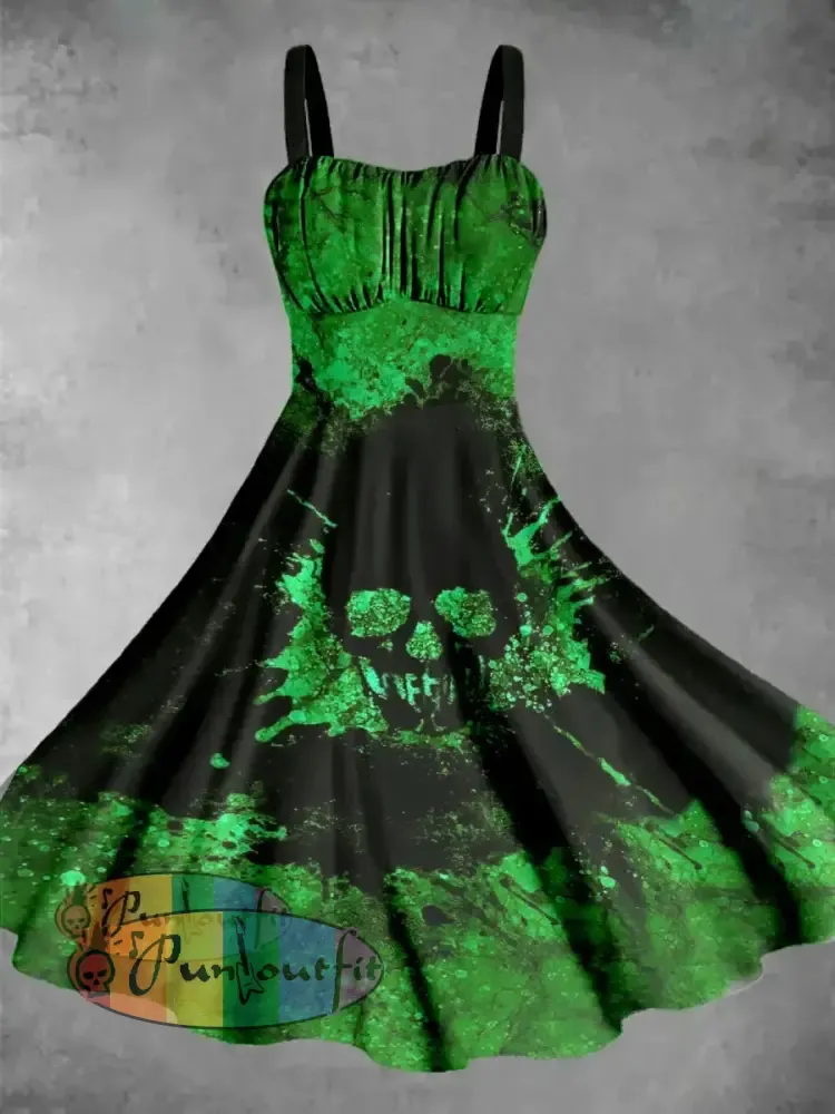 Vintage Abstract Skull Art Print Sleeveless Midi Dress Green / S
