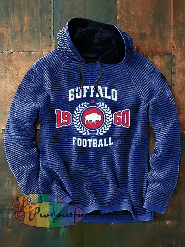 Vintage American Football Buffalo Bills Print Casual Cotton French Terry Hoodie Navy Blue / S