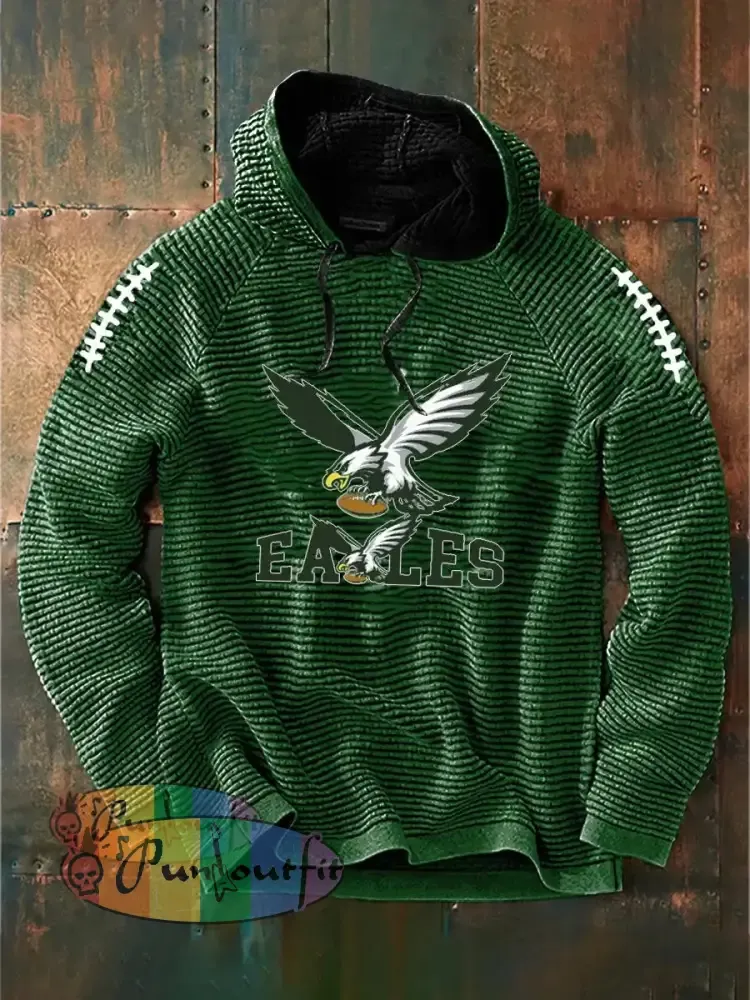 Vintage American Football Philadelphia Eagles Print Casual Cotton French Terry Hoodie Green / S