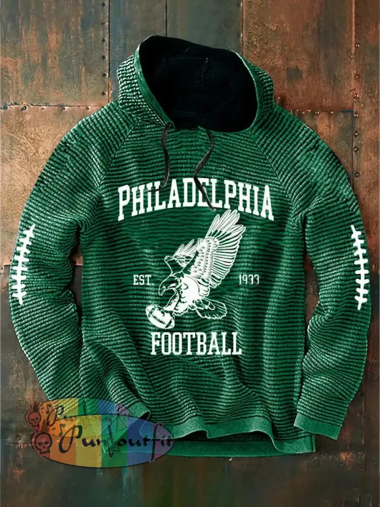 Vintage American Football Philadelphia Eagles Print Casual Cotton French Terry Hoodie Green / S