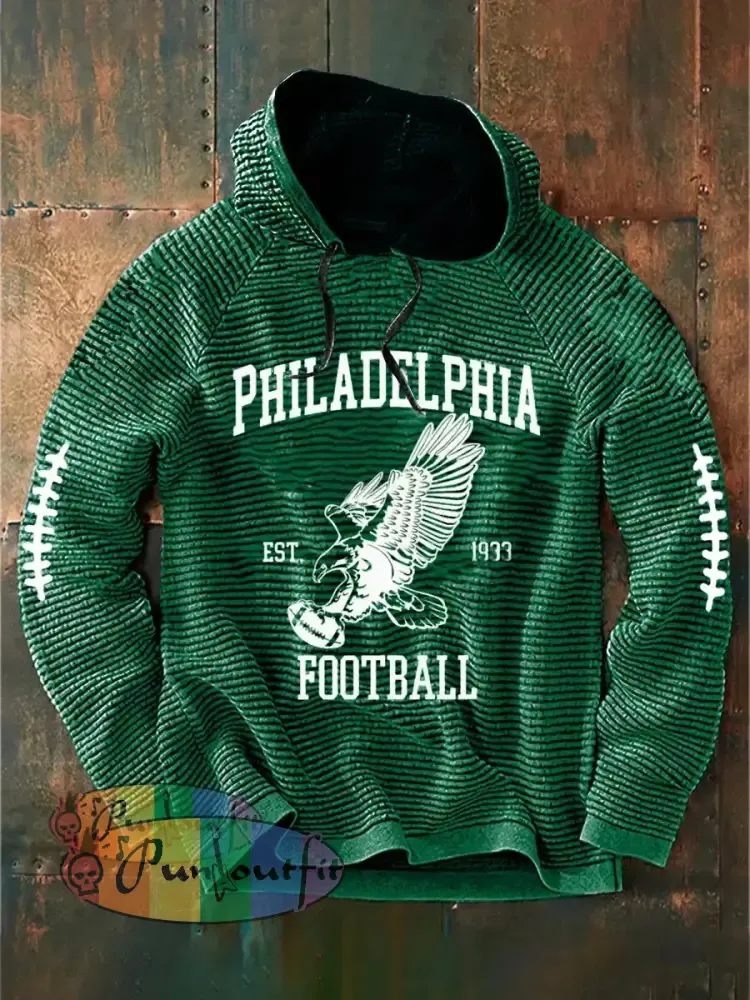 Vintage American Football Philadelphia Eagles Print Casual Cotton French Terry Hoodie Green / S