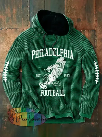 Vintage American Football Philadelphia Eagles Print Casual Cotton French Terry Hoodie Green / S
