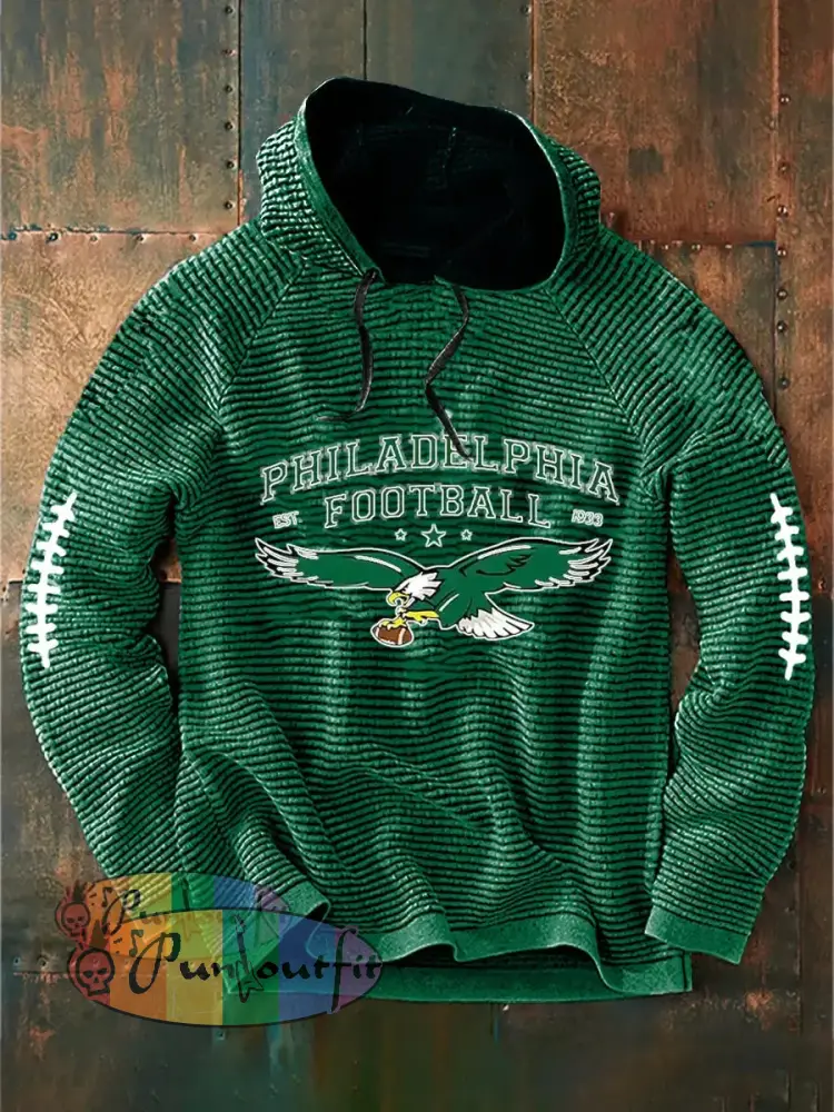 Vintage American Football Philadelphia Eagles Print Casual Cotton French Terry Hoodie Green / S