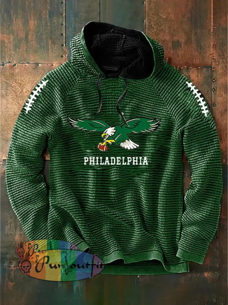 Vintage American Football Philadelphia Eagles Print Casual Cotton French Terry Hoodie Green / S