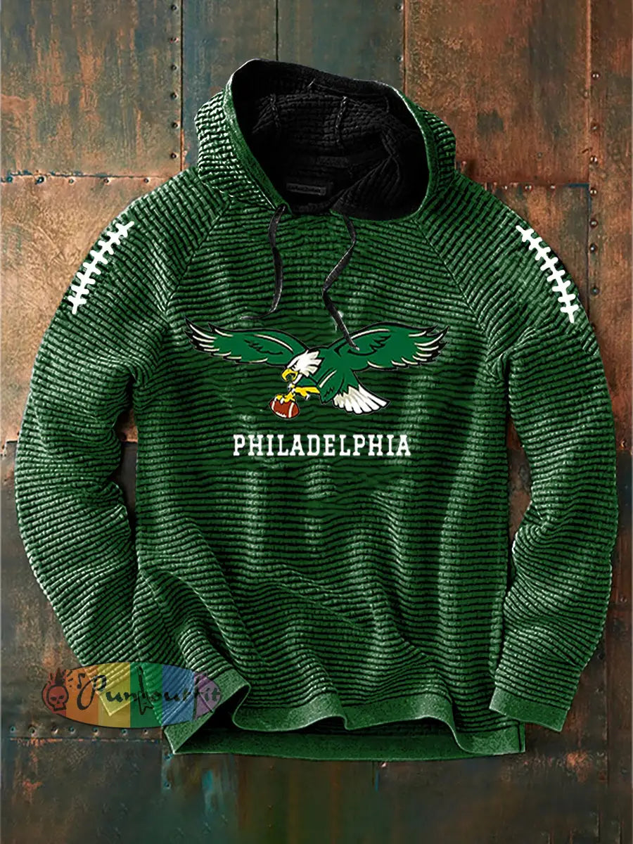 Vintage American Football Philadelphia Eagles Print Casual Cotton French Terry Hoodie Green / S