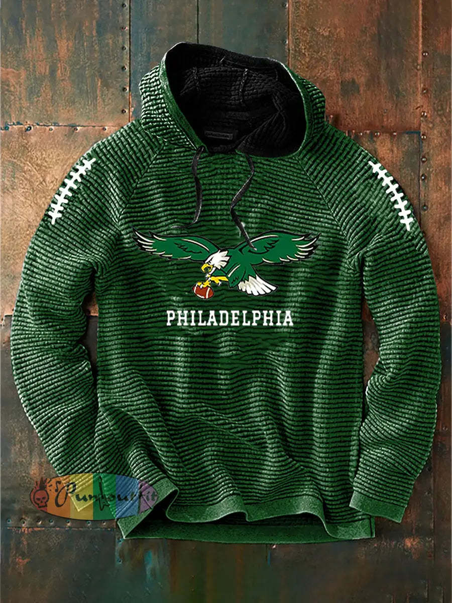 Vintage American Football Philadelphia Eagles Print Casual Cotton French Terry Hoodie Green / S
