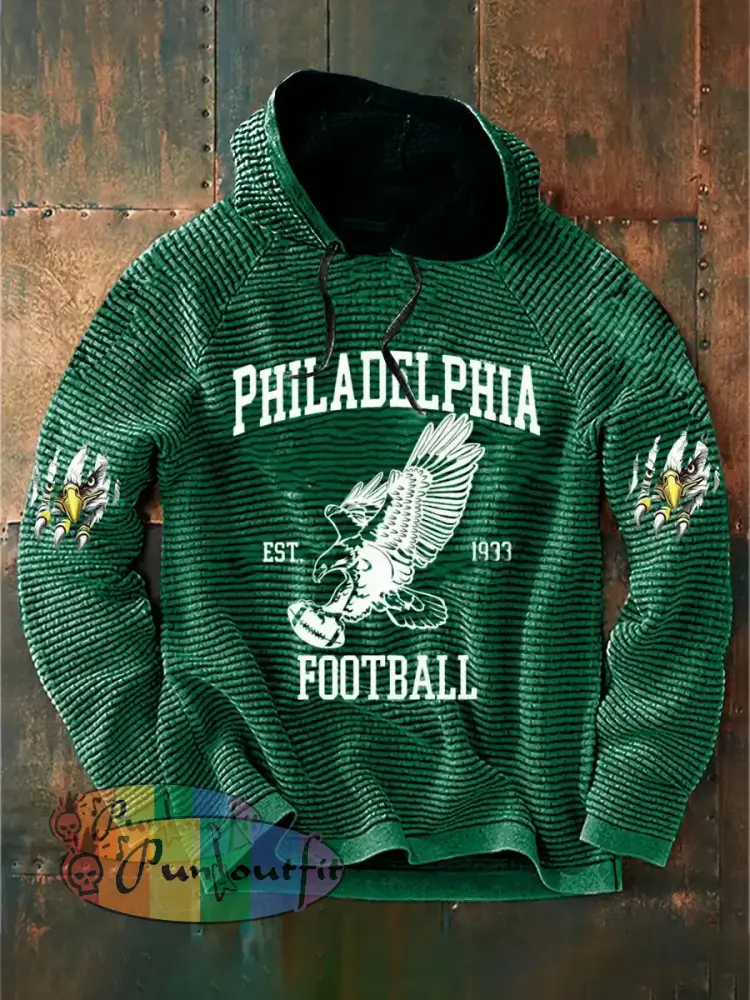 Vintage American Football Philadelphia Eagles Print Casual Cotton French Terry Hoodie Green / S