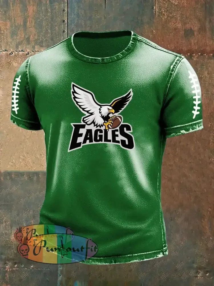 Vintage American Football Philadelphia Eagles Print Casual Cotton Short Sleeve T-Shirt Green / S