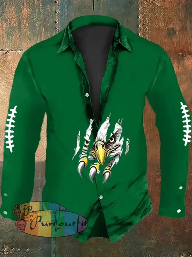 Vintage American Football Philadelphia Eagles Print Casual Long Sleeve Shirt Green / S