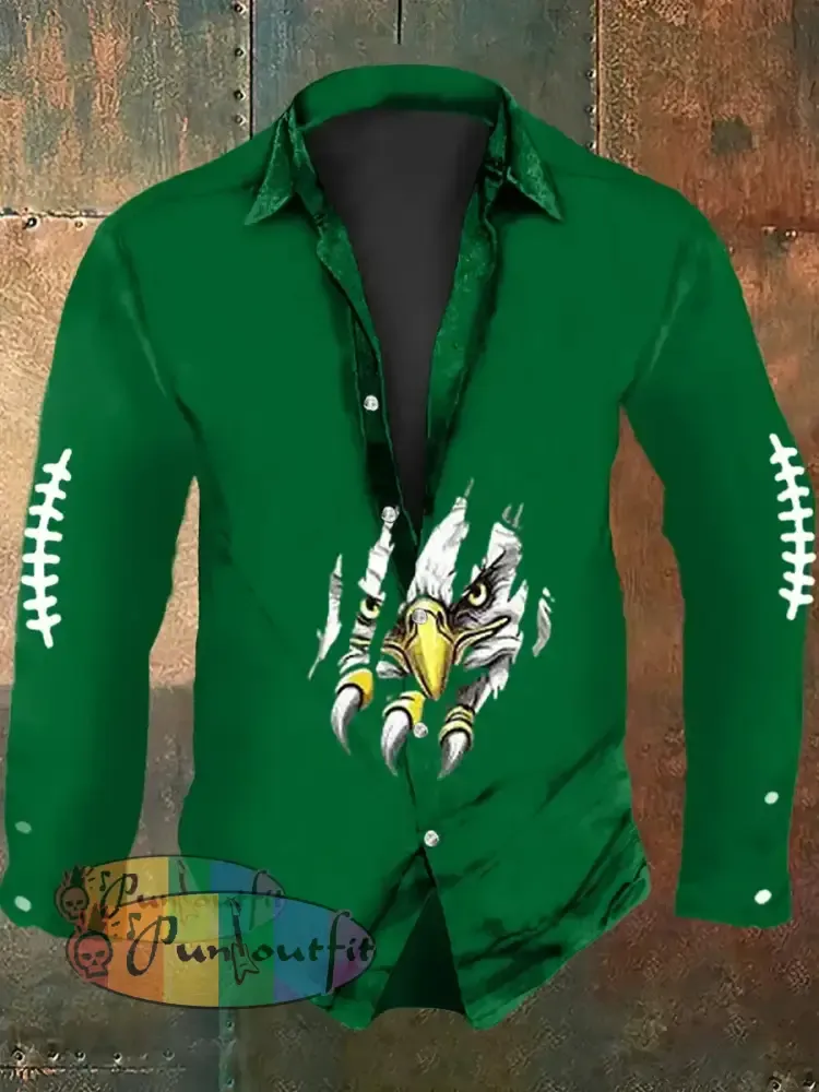 Vintage American Football Philadelphia Eagles Print Casual Long Sleeve Shirt Green / S