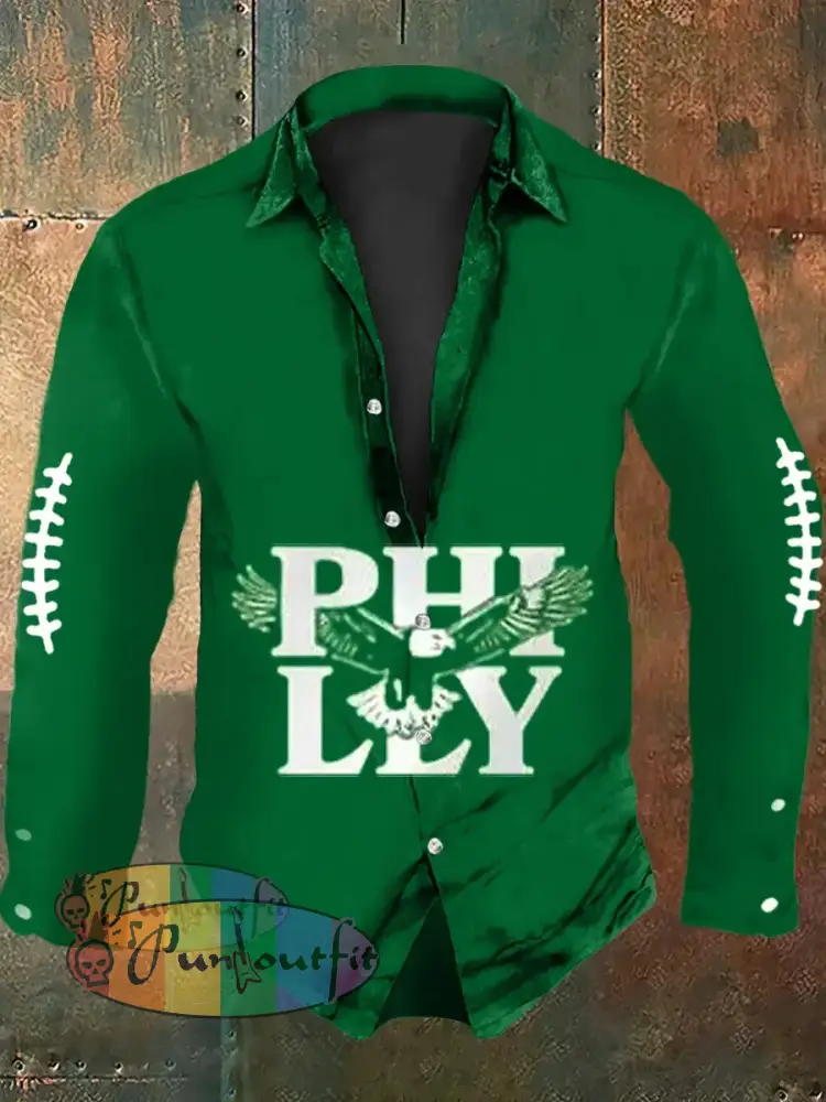 Vintage American Football Philadelphia Eagles Print Casual Long Sleeve Shirt Green / S