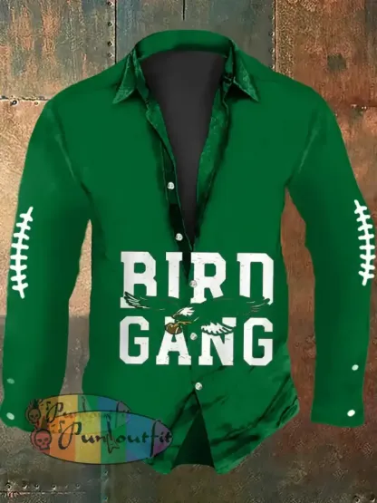 Vintage American Football Philadelphia Eagles Print Casual Long Sleeve Shirt Green / S