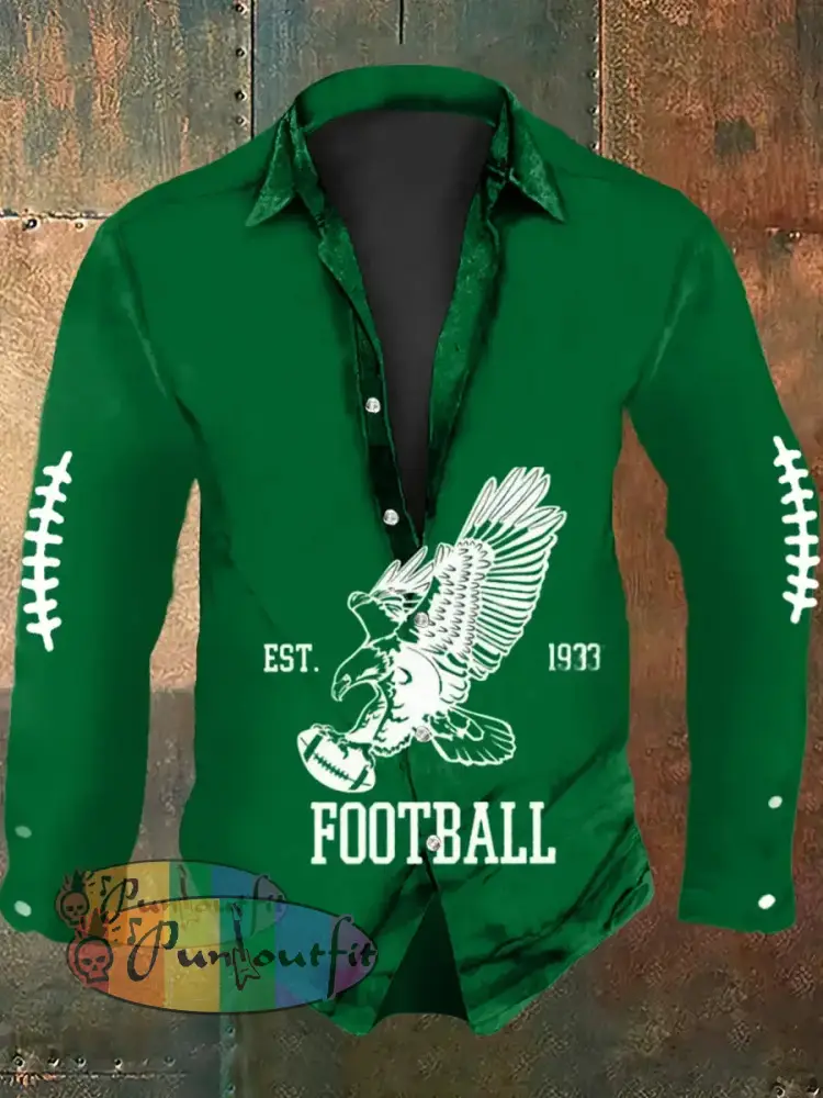 Vintage American Football Philadelphia Eagles Print Casual Long Sleeve Shirt Green / S