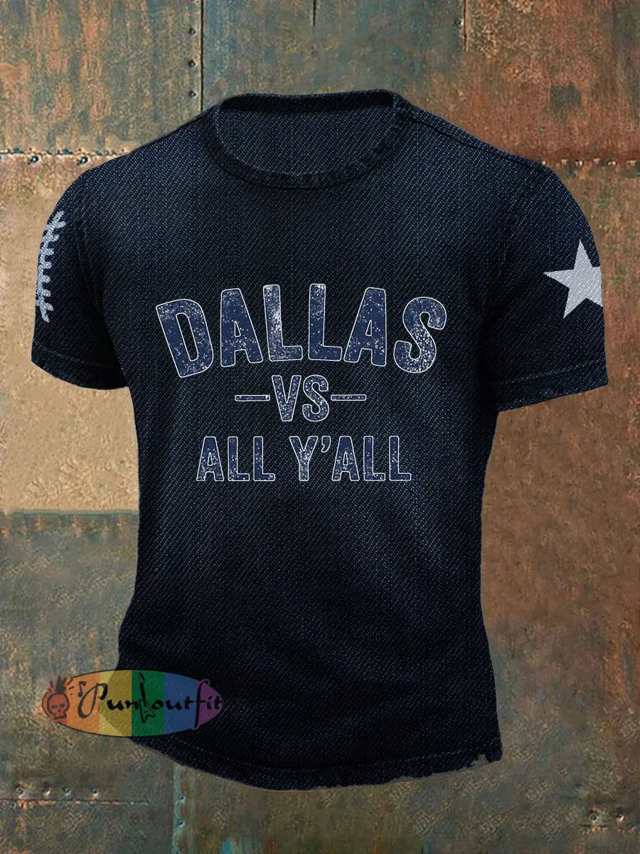 Vintage American Football Print Casual Cotton Short Sleeve T-Shirt Navy Blue / S