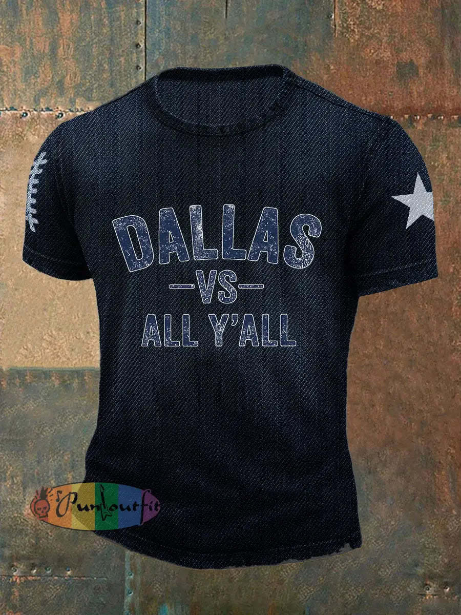 Vintage American Football Print Casual Cotton Short Sleeve T-Shirt Navy Blue / S