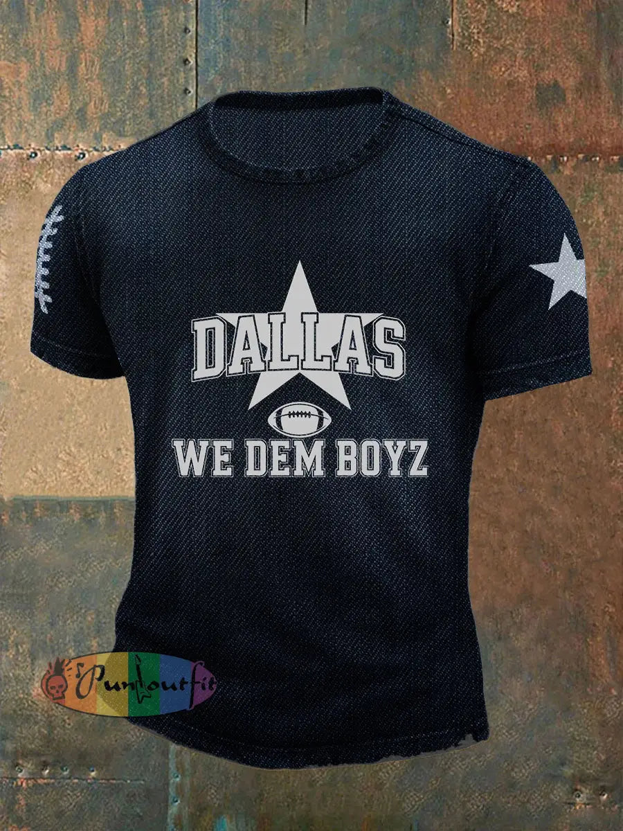 Vintage American Football Print Casual Cotton Short Sleeve T-Shirt Navy Blue / S