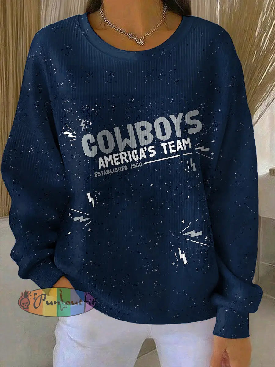 Vintage American Football Printed Casual Loose Long Sleeve Top Navy Blue / S