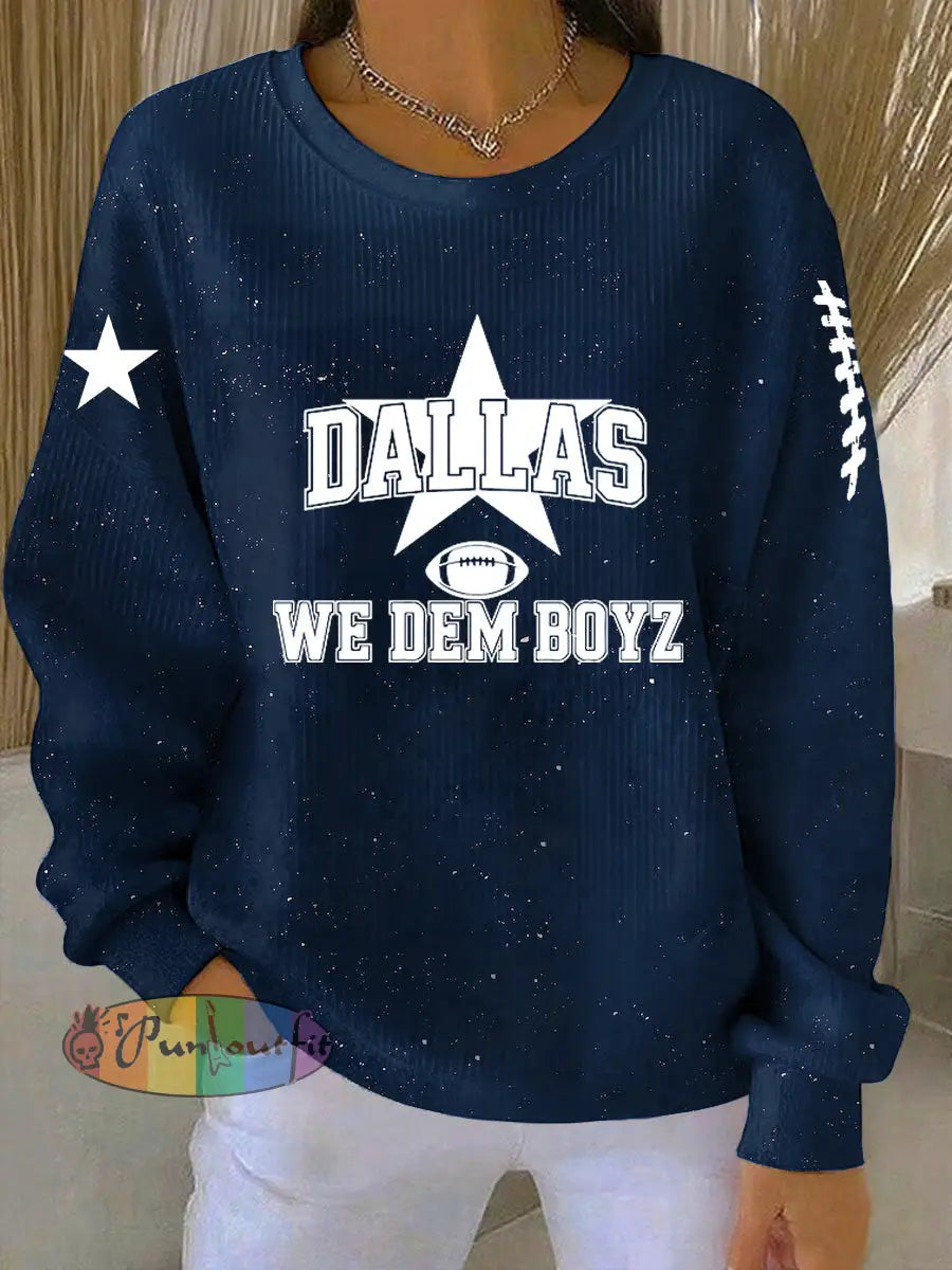 Vintage American Football Printed Casual Loose Long Sleeve Top Navy Blue / S