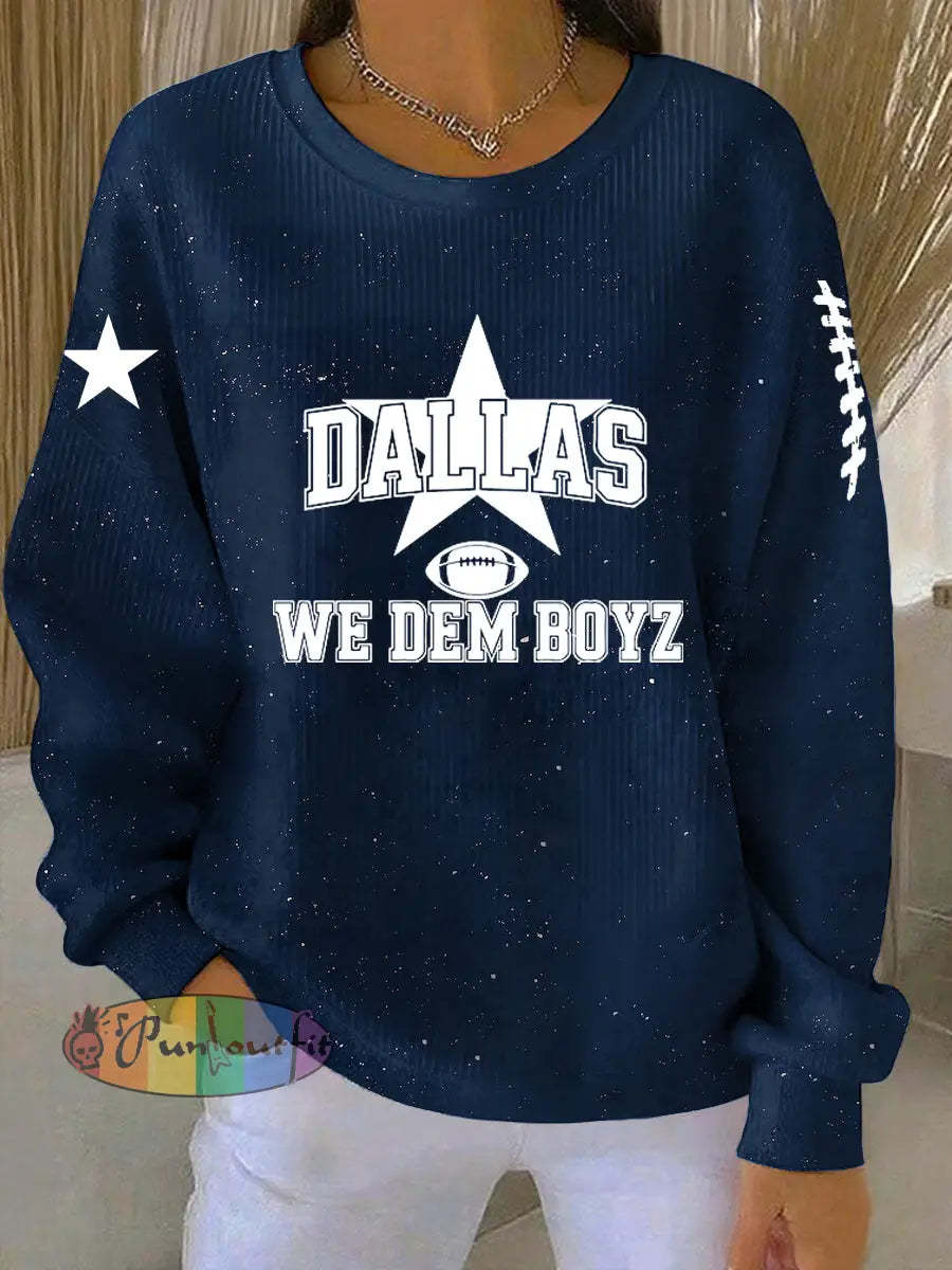 Vintage American Football Printed Casual Loose Long Sleeve Top Navy Blue / S