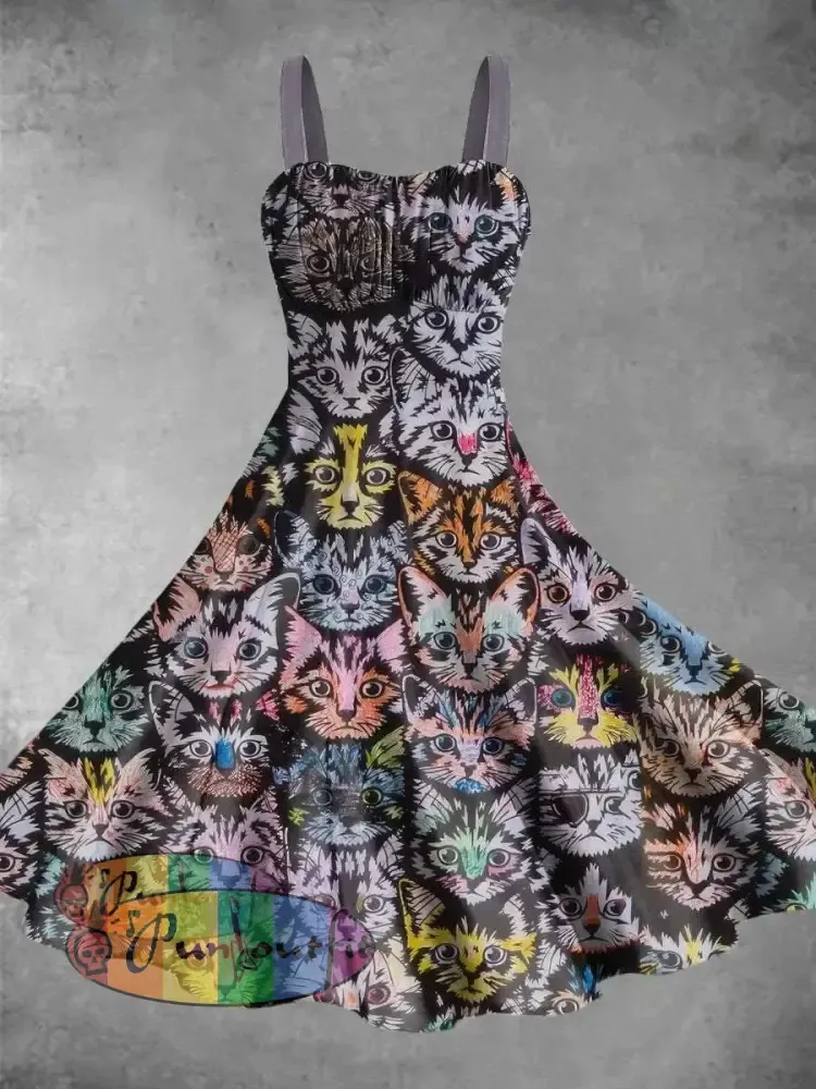 Vintage Cats Print Backless Dress Picture Color / S Dress