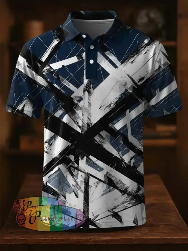 Vintage Festival Guitar Lines Printed Casual Cotton Short Sleeve Polo Shirt Blue / S