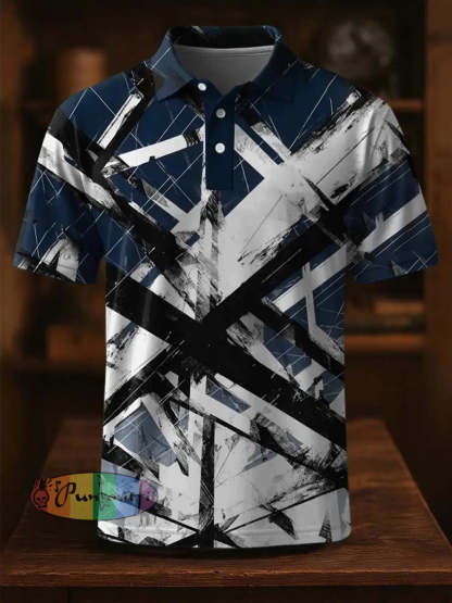 Vintage Festival Guitar Lines Printed Casual Cotton Short Sleeve Polo Shirt Blue / S