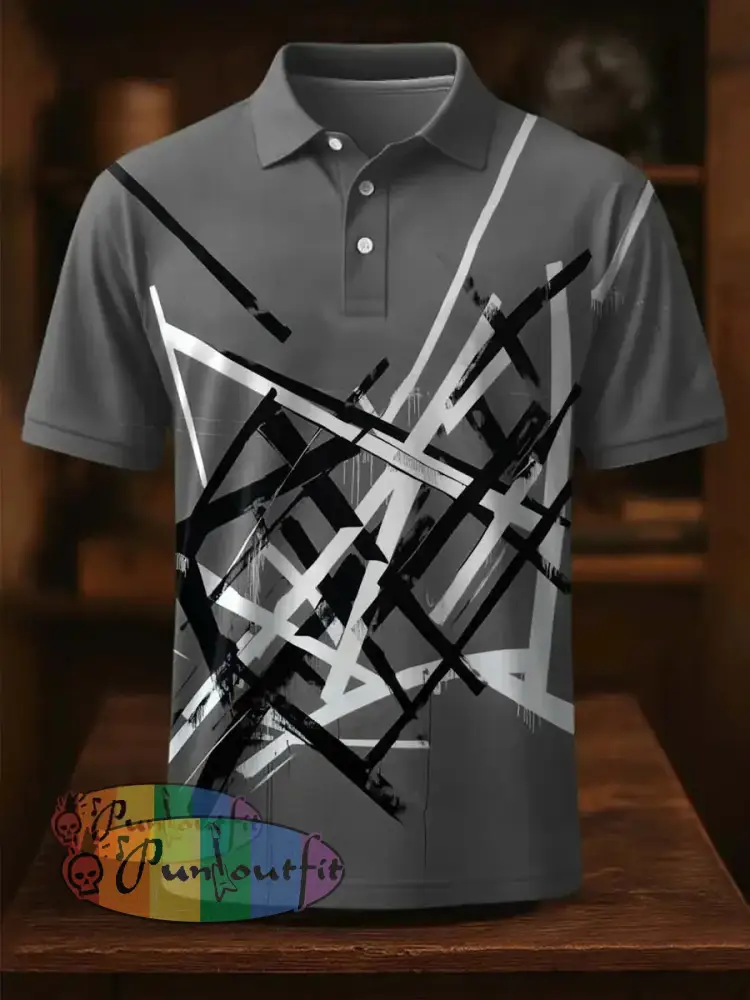 Vintage Festival Guitar Lines Printed Casual Cotton Short Sleeve Polo Shirt Gray / S
