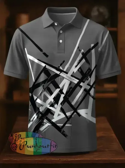 Vintage Festival Guitar Lines Printed Casual Cotton Short Sleeve Polo Shirt Gray / S