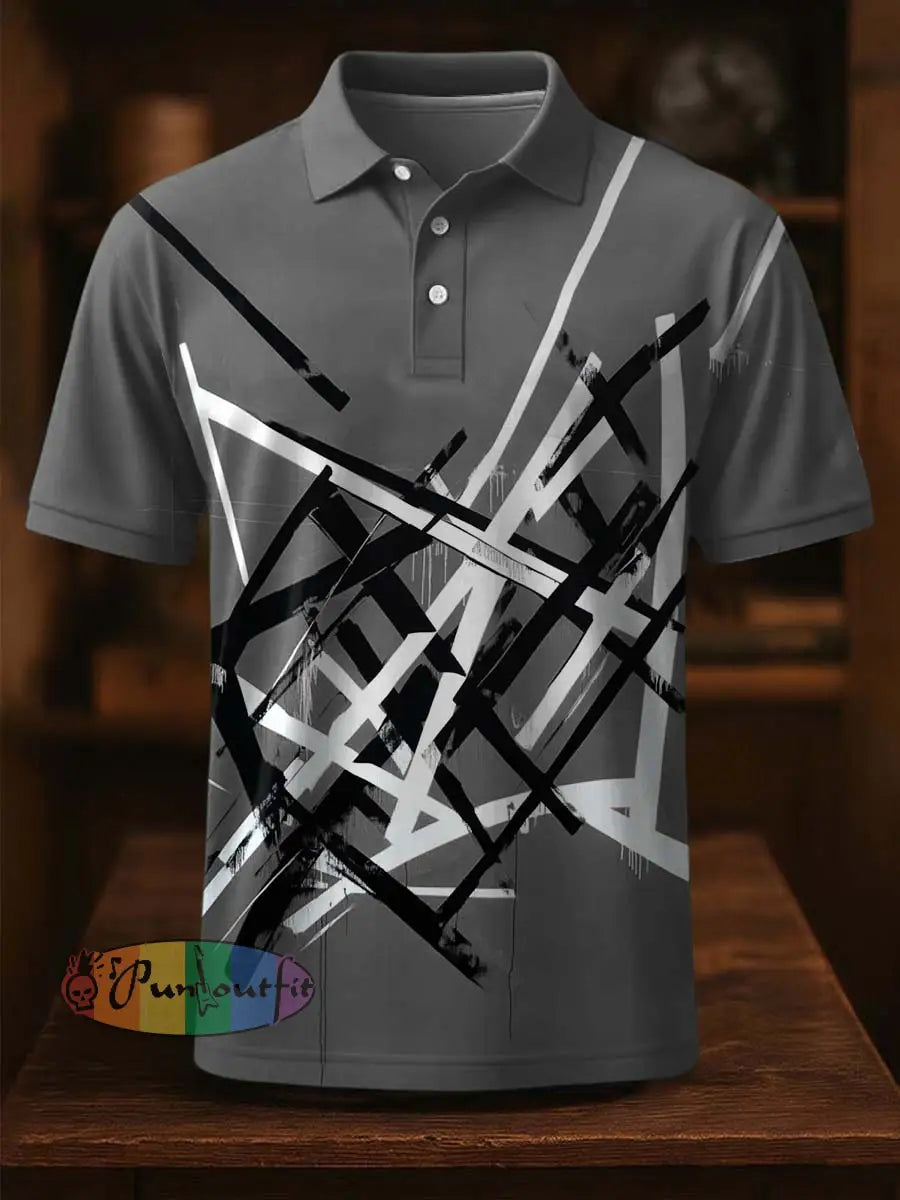 Vintage Festival Guitar Lines Printed Casual Cotton Short Sleeve Polo Shirt Gray / S