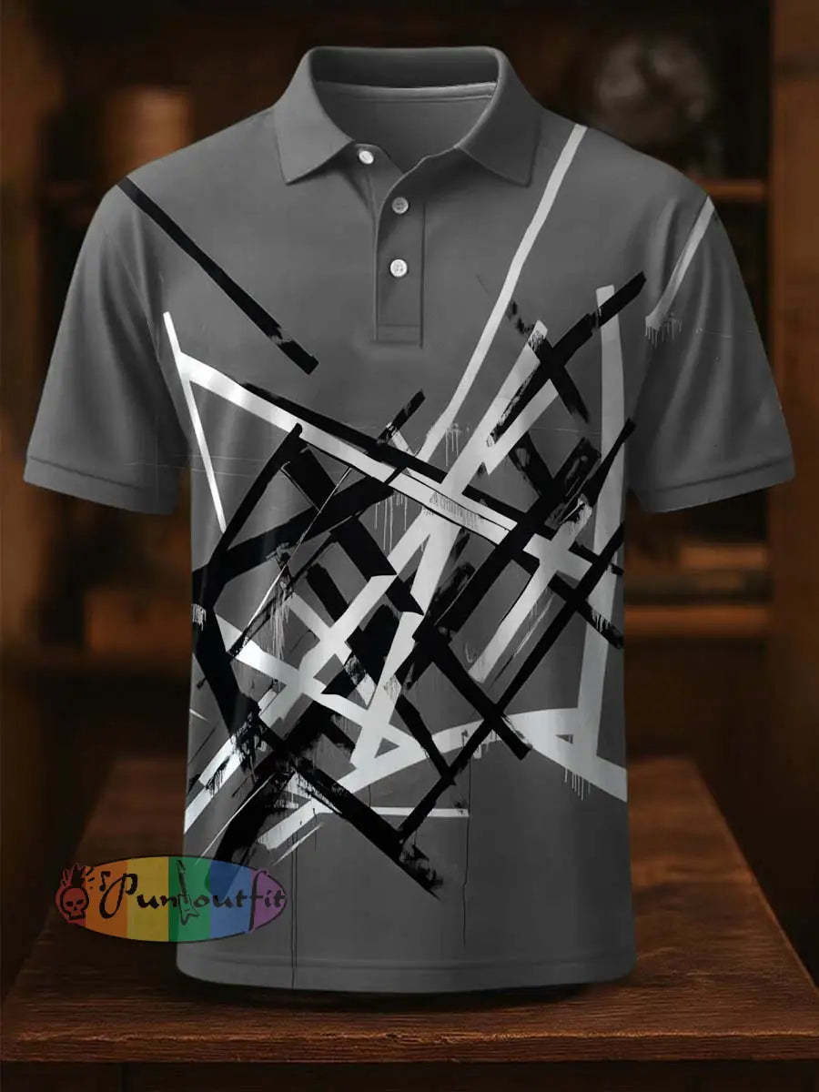 Vintage Festival Guitar Lines Printed Casual Cotton Short Sleeve Polo Shirt Gray / S