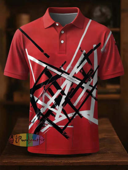 Vintage Festival Guitar Lines Printed Casual Cotton Short Sleeve Polo Shirt Red / S
