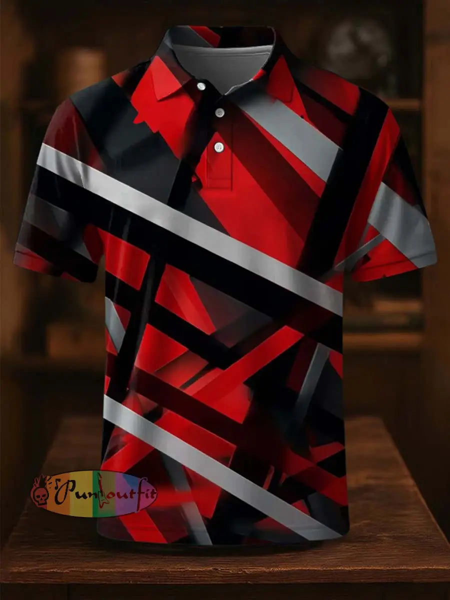 Vintage Festival Guitar Lines Printed Casual Cotton Short Sleeve Polo Shirt Red / S
