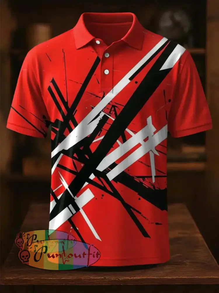 Vintage Festival Guitar Lines Printed Casual Cotton Short Sleeve Polo Shirt Red / S