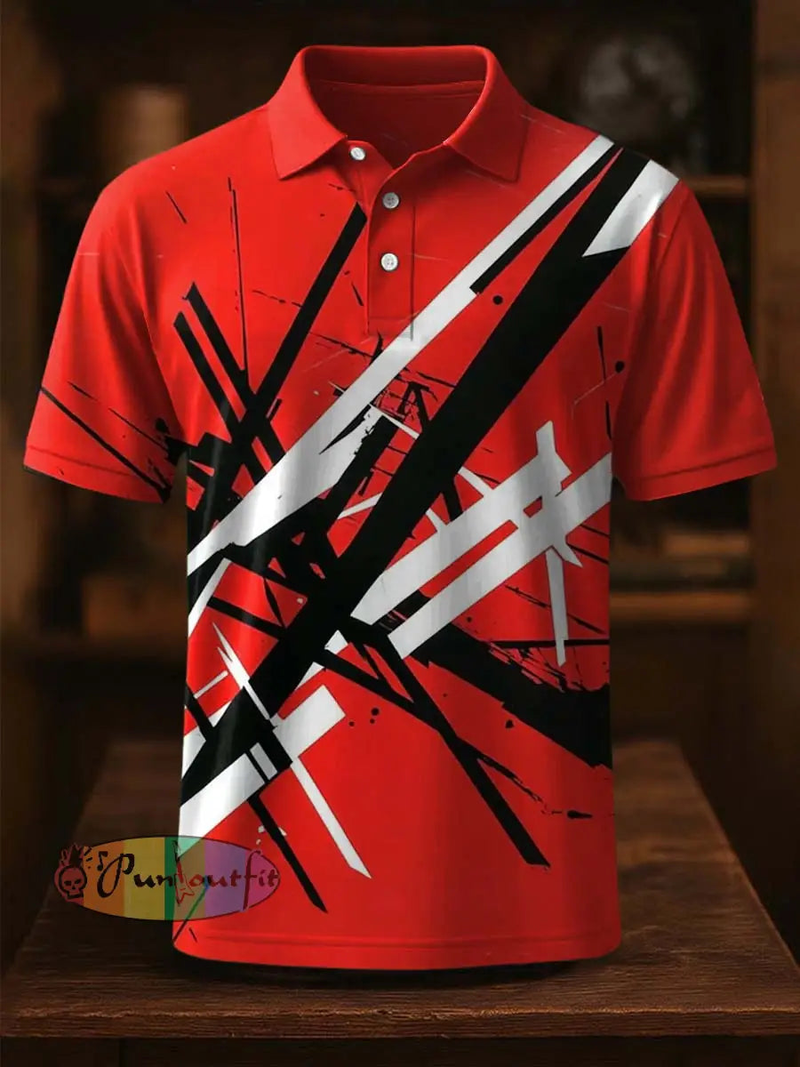 Vintage Festival Guitar Lines Printed Casual Cotton Short Sleeve Polo Shirt Red / S