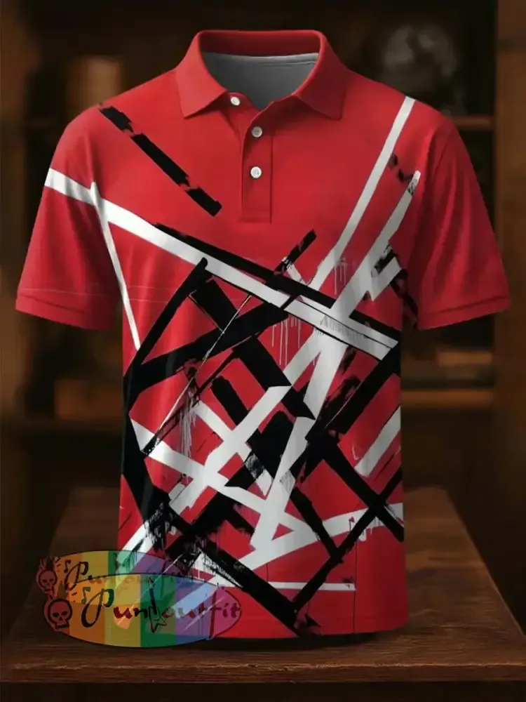 Vintage Festival Guitar Lines Printed Casual Cotton Short Sleeve Polo Shirt Red / S