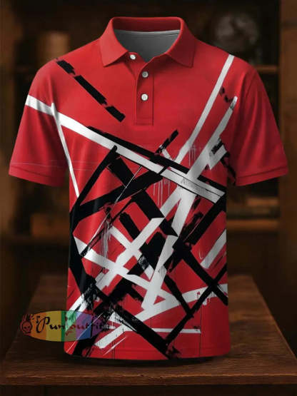 Vintage Festival Guitar Lines Printed Casual Cotton Short Sleeve Polo Shirt Red / S