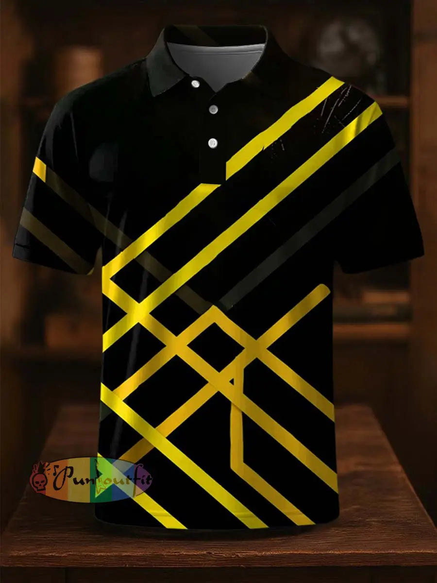 Vintage Festival Guitar Lines Printed Casual Cotton Short Sleeve Polo Shirt Yellow / S