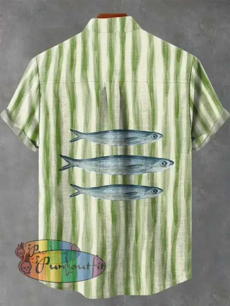Vintage Fish Stripe Sardine Art Vintage Print Casual 100% Cotton Shirt GEOMETRIC ART DESIGN