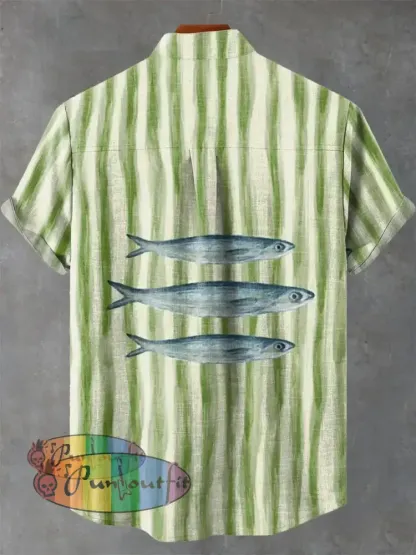 Vintage Fish Stripe Sardine Art Vintage Print Casual 100% Cotton Shirt GEOMETRIC ART DESIGN