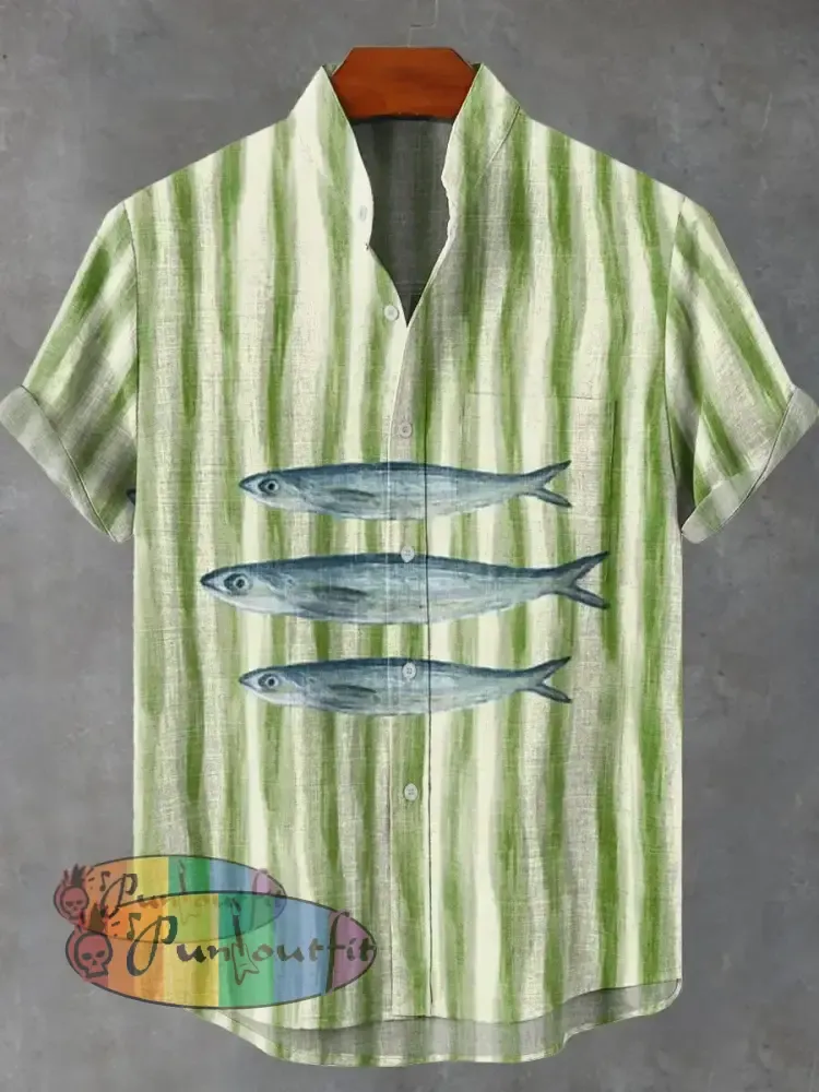 Vintage Fish Stripe Sardine Art Vintage Print Casual 100% Cotton Shirt Multicolor / S GEOMETRIC ART DESIGN