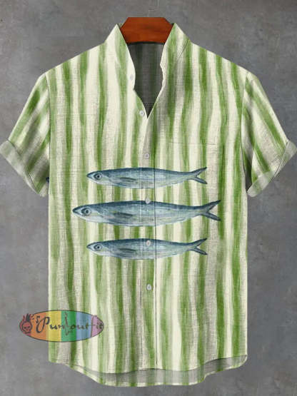 Vintage Fish Stripe Sardine Art Vintage Print Casual 100% Cotton Shirt Multicolor / S GEOMETRIC ART DESIGN